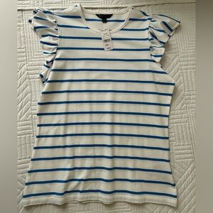 NWT Brooks Brothers Women’s Blue and White Striped Ruffle Sleeve Top Size Medium